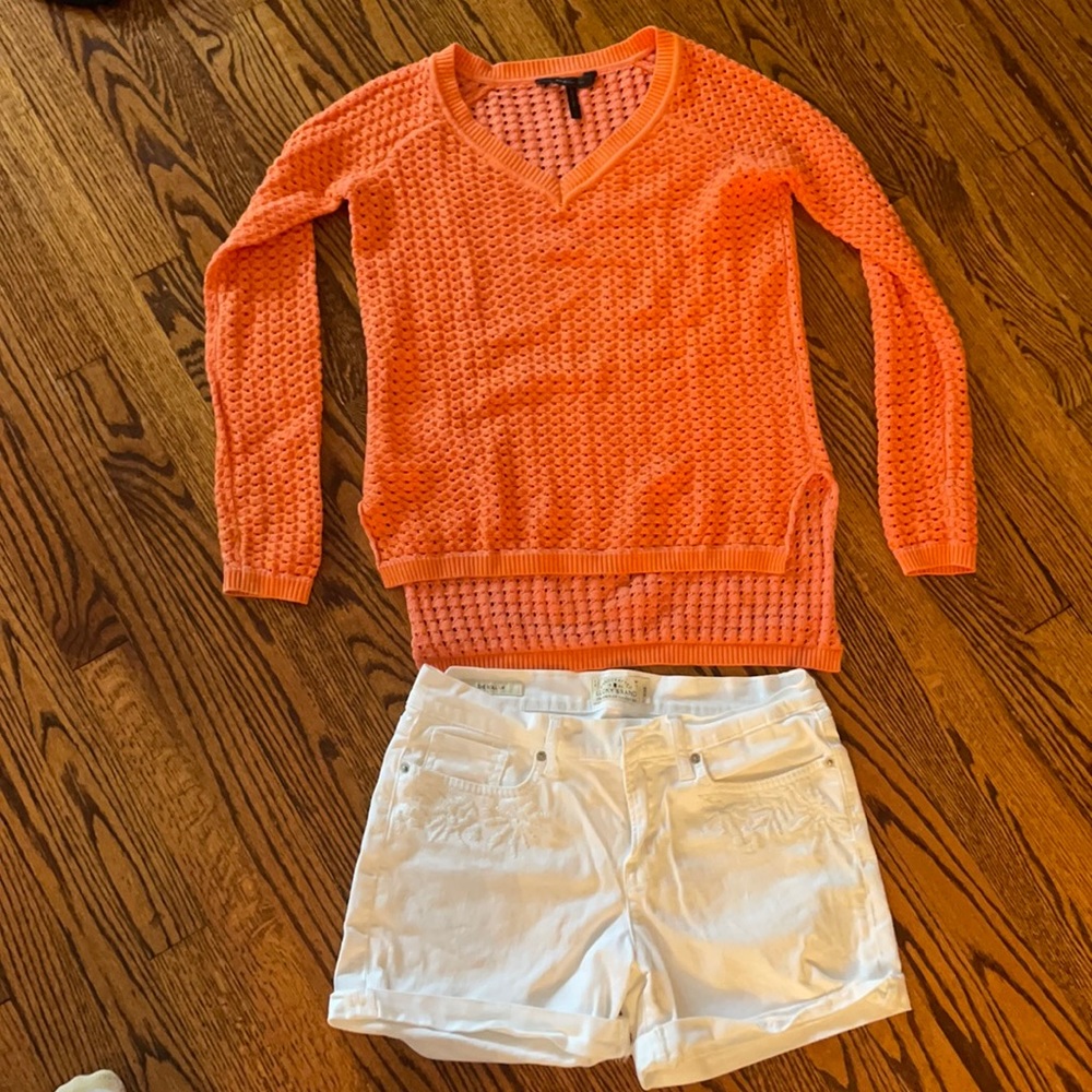 BCBG Sweater, Lucky Brand Jean Shorts.